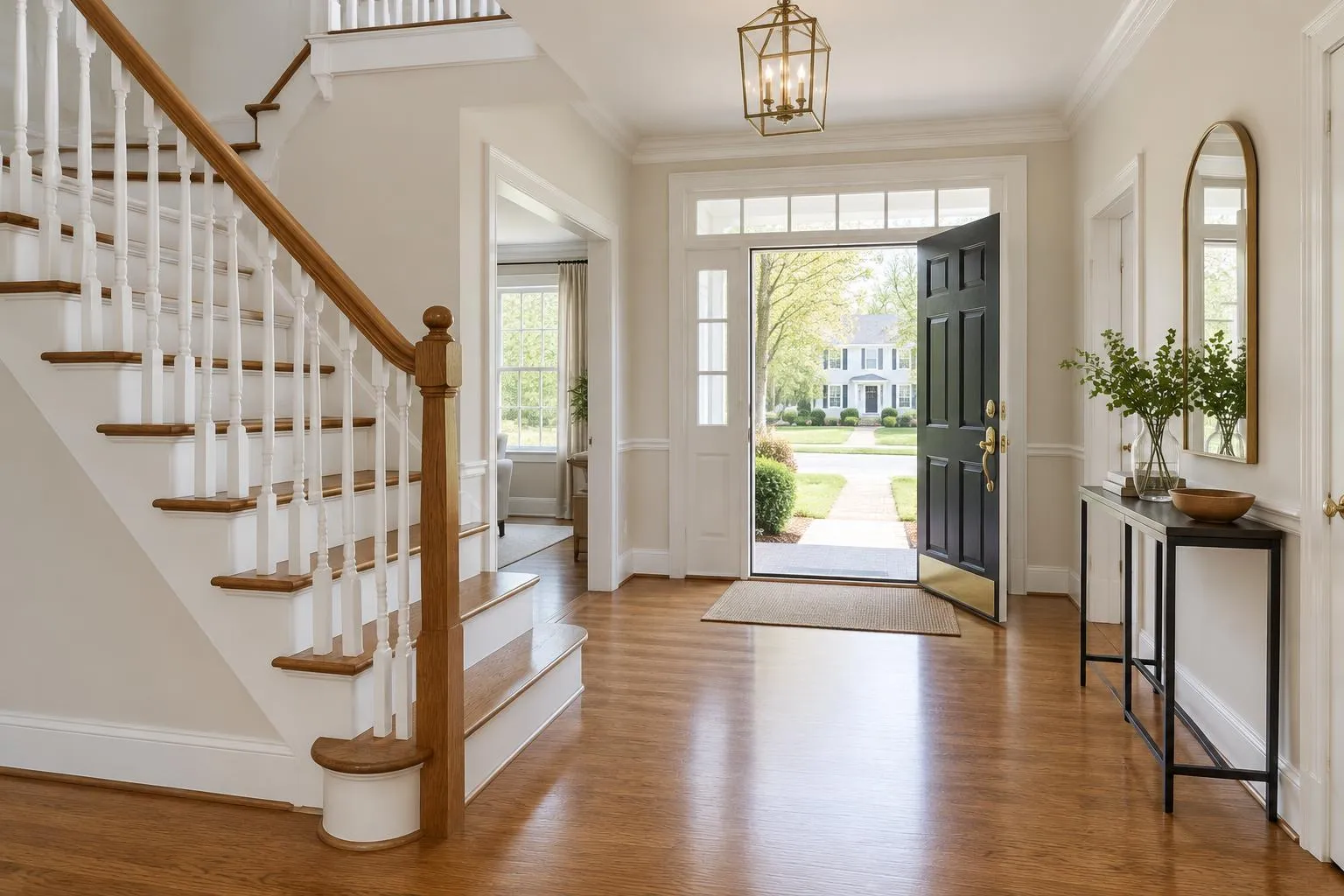 Bright entry hall with an oak staircase in a Palatine, IL home