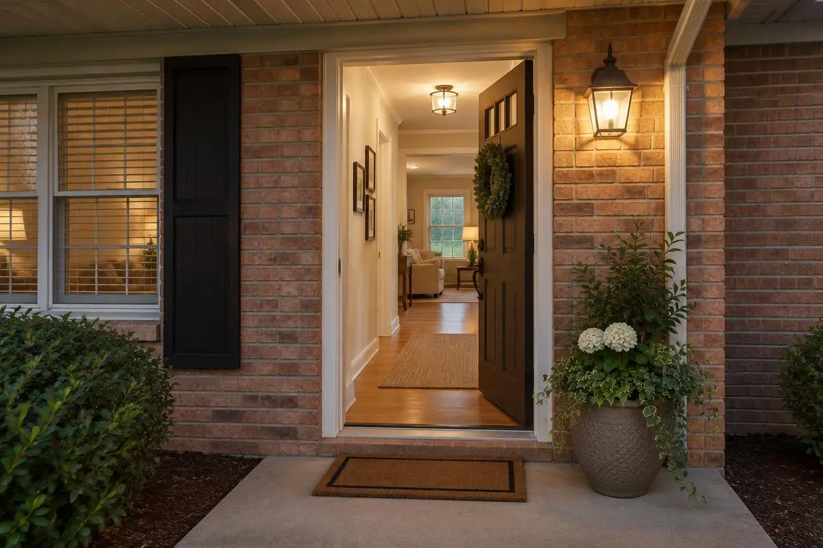 Open front door of a brick ranch home during a showing in Palatine, IL