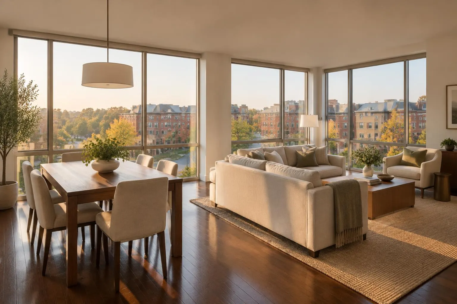 Open living and dining room with tall windows in a downtown Palatine condo