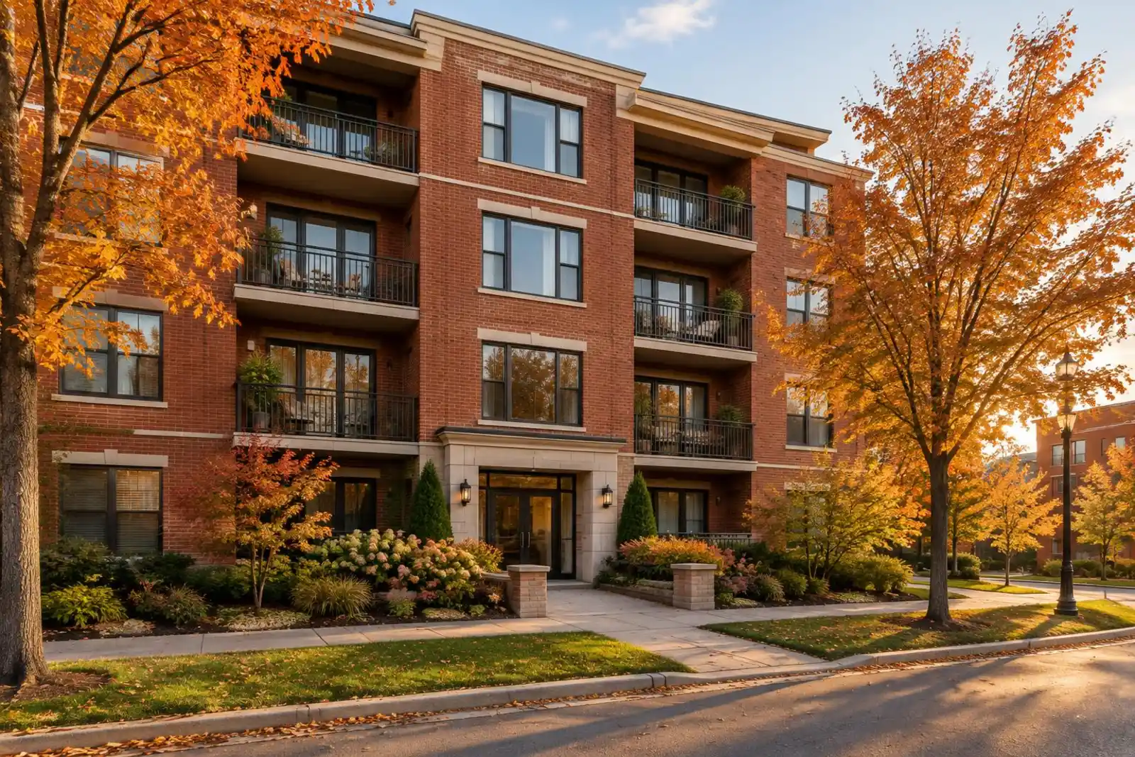 Brick condo building with balconies in downtown Palatine, IL