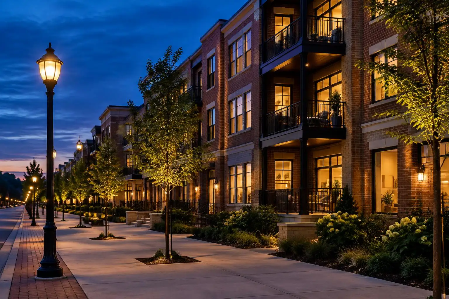 Sidewalk with lamp posts and brick condo buildings at dusk in downtown Palatine, IL