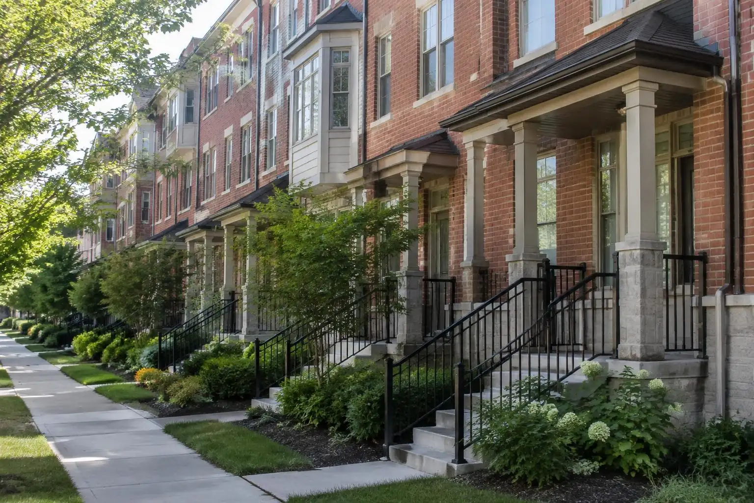 Row of three-story brick townhomes with front stoops on a downtown Palatine, IL street