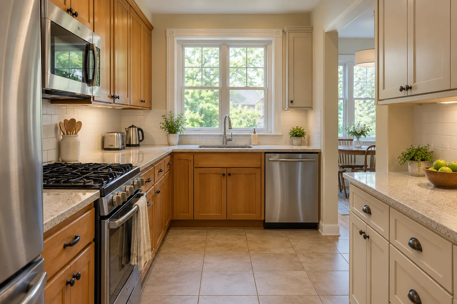 Kitchen with wood cabinets in a starter home in Palatine, IL