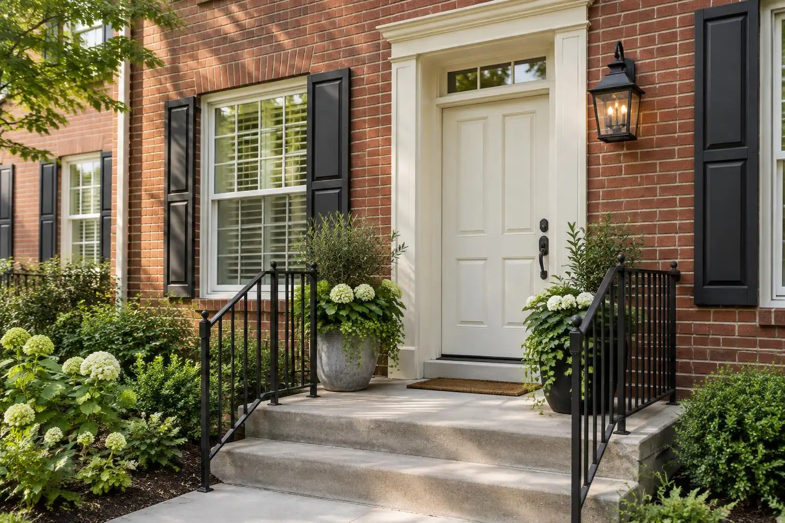 Front porch of a two-story brick townhome in Palatine, IL