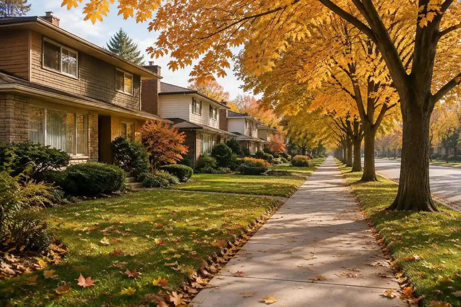 Tree-lined sidewalk past two-story homes in the Fremd High School area of Palatine, IL