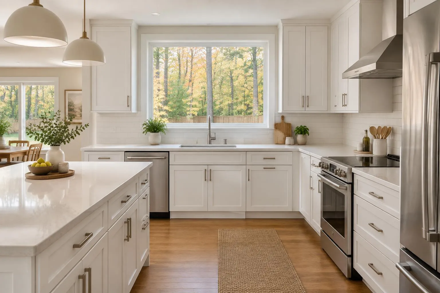 Updated kitchen with white cabinets and a window to the yard in a Palatine, IL home