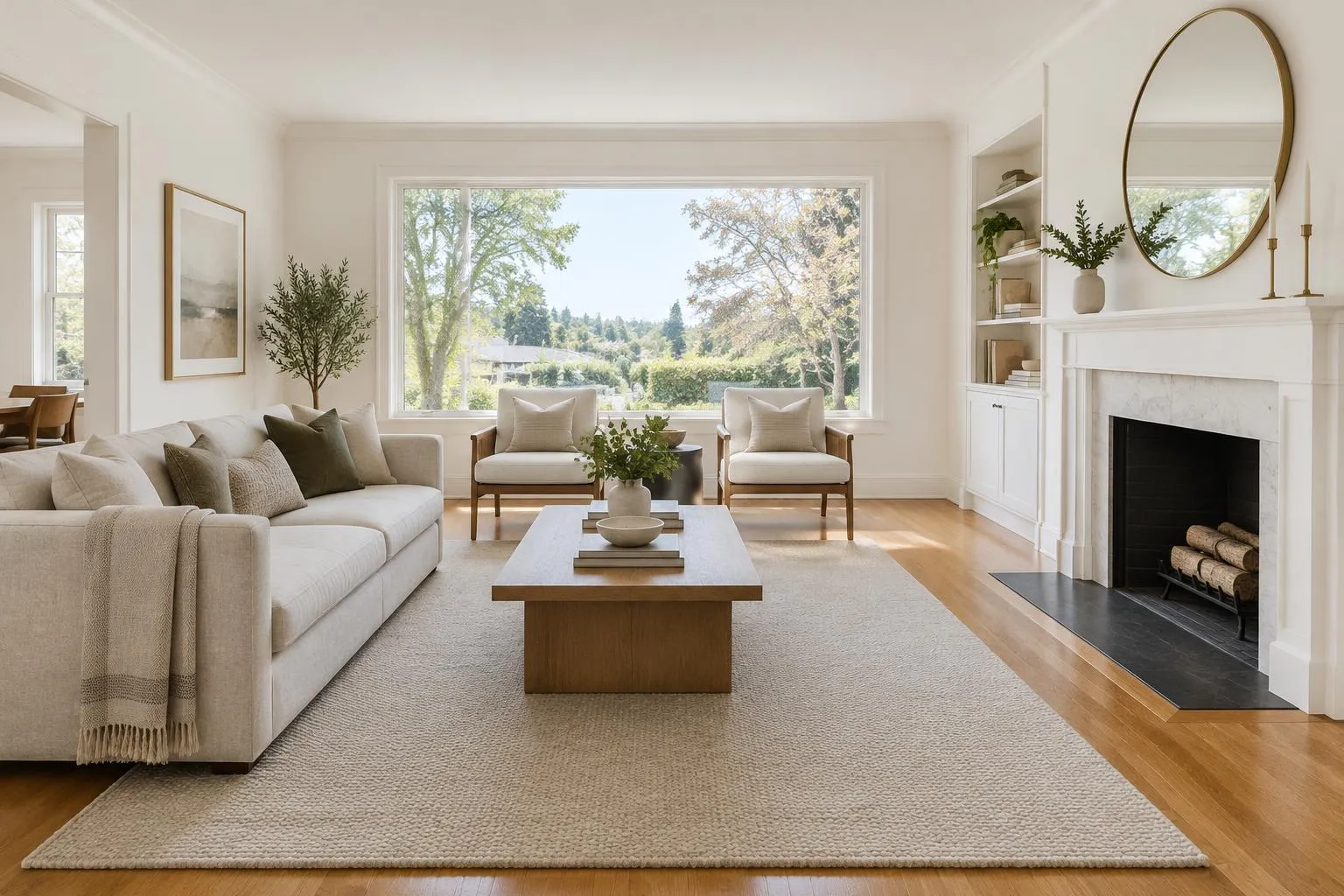 Freshly painted living room with refinished oak floors in a Palatine, IL home