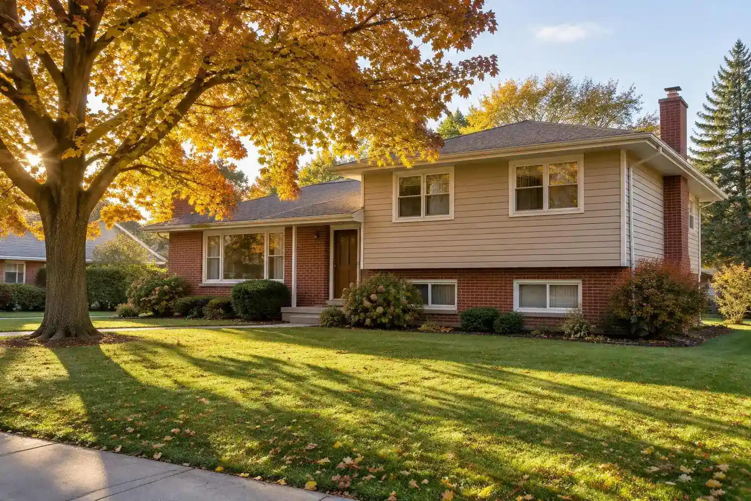 Split-level home with brick and tan siding under a maple in Palatine, IL
