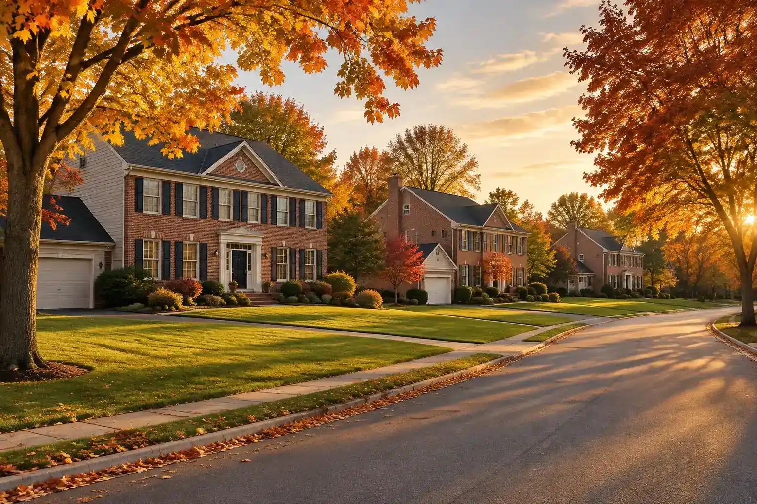 Curving street of two-story colonials with brick fronts in Hunting Ridge, Palatine, IL
