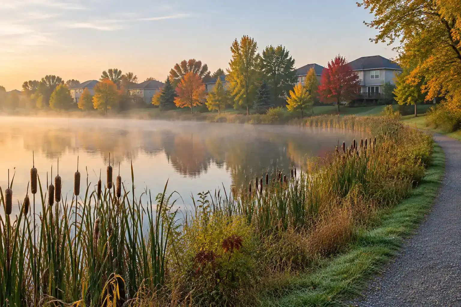 Lake with cattails and a walking path near Hunting Ridge in Palatine, IL