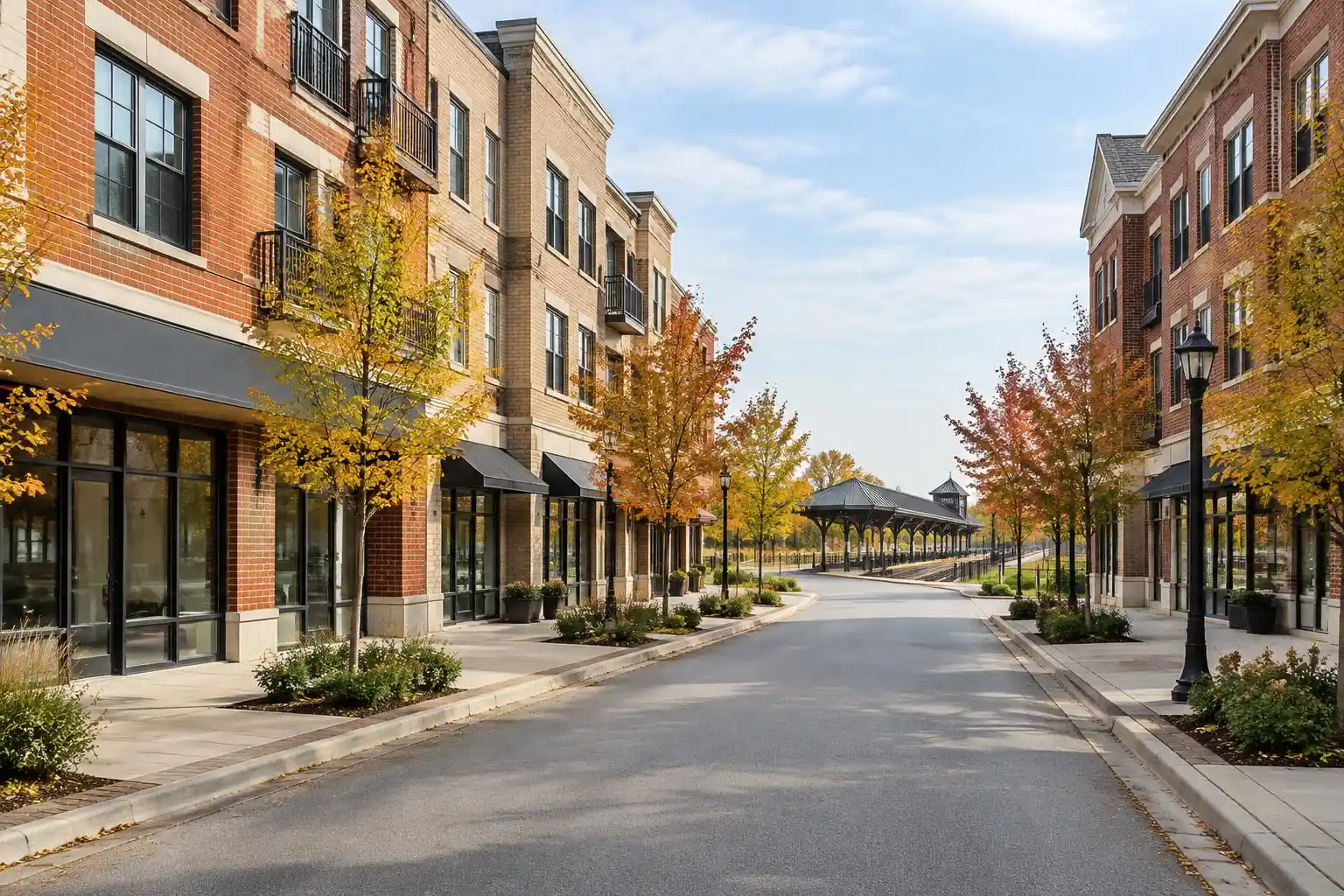 Living in Palatine, IL: brick storefronts and street trees on a quiet downtown street near the train station