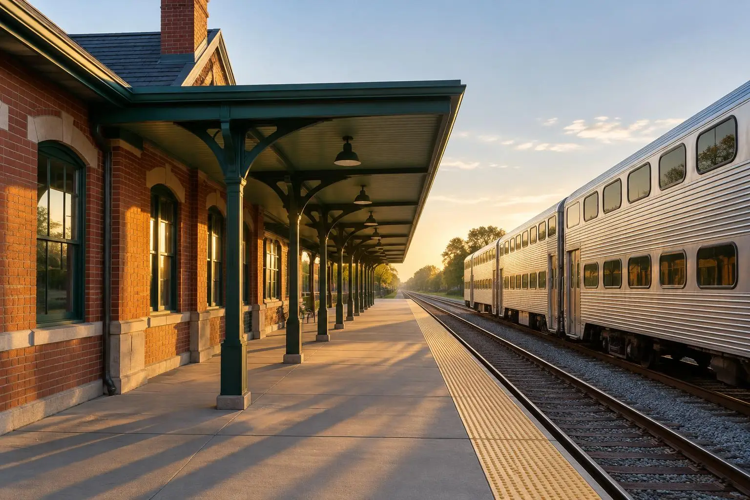 Commuter rail platform with a bi-level train in Palatine, IL