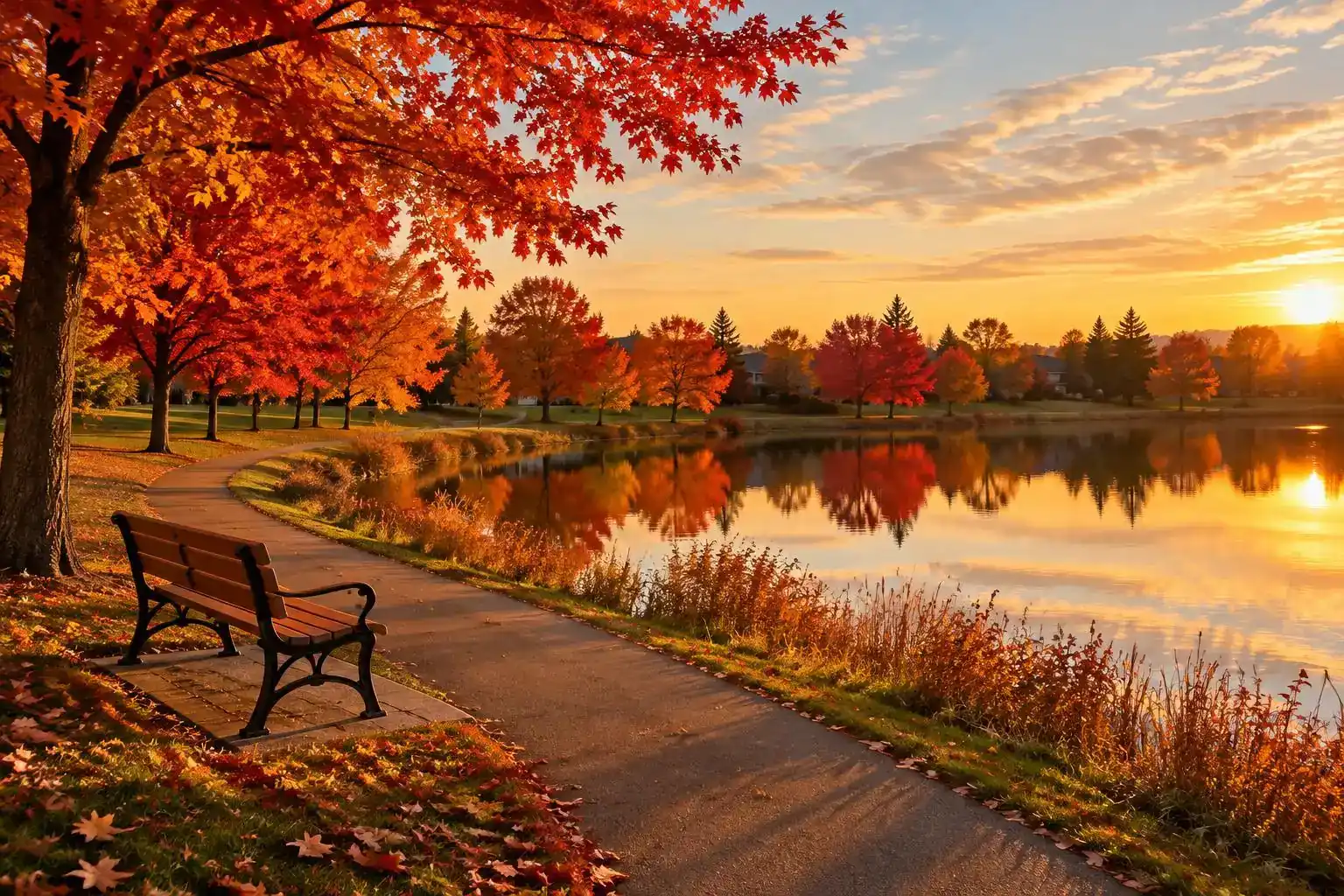 Walking path and bench by a pond with fall trees in a Palatine, IL park