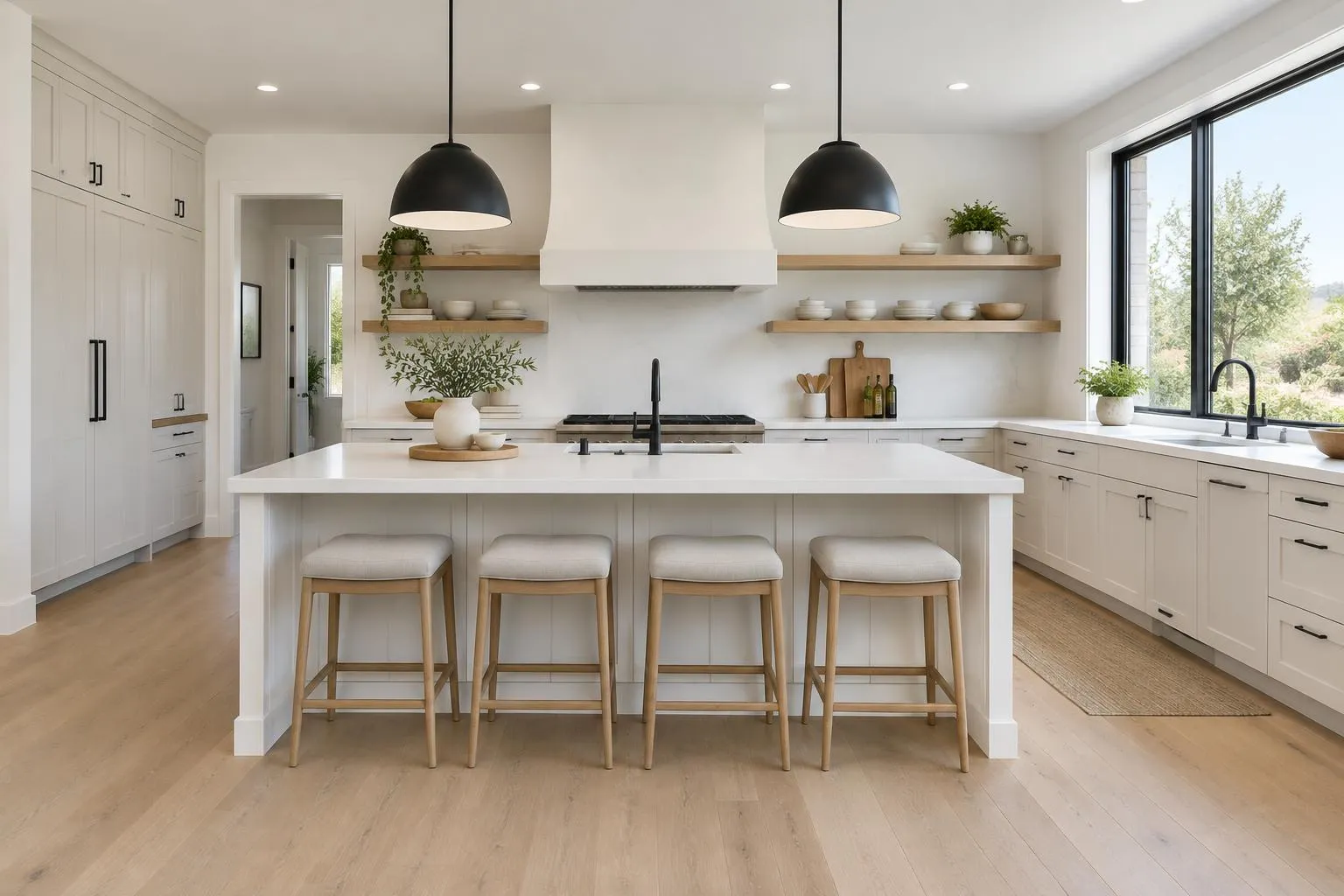 New construction kitchen with a white island and light oak floors in Palatine, IL