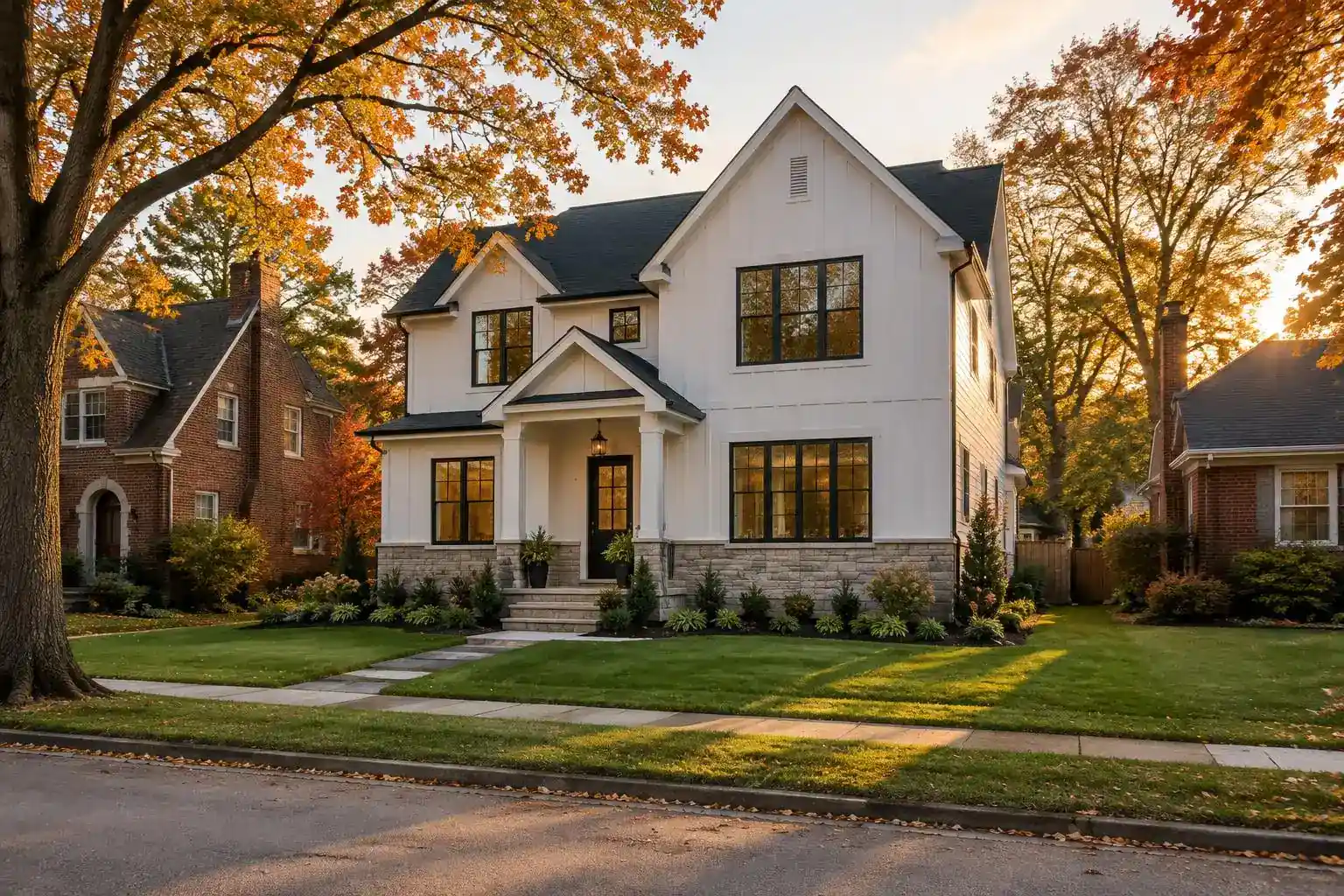 Newly built two-story home with white siding and stone on a street with mature trees in Palatine, IL