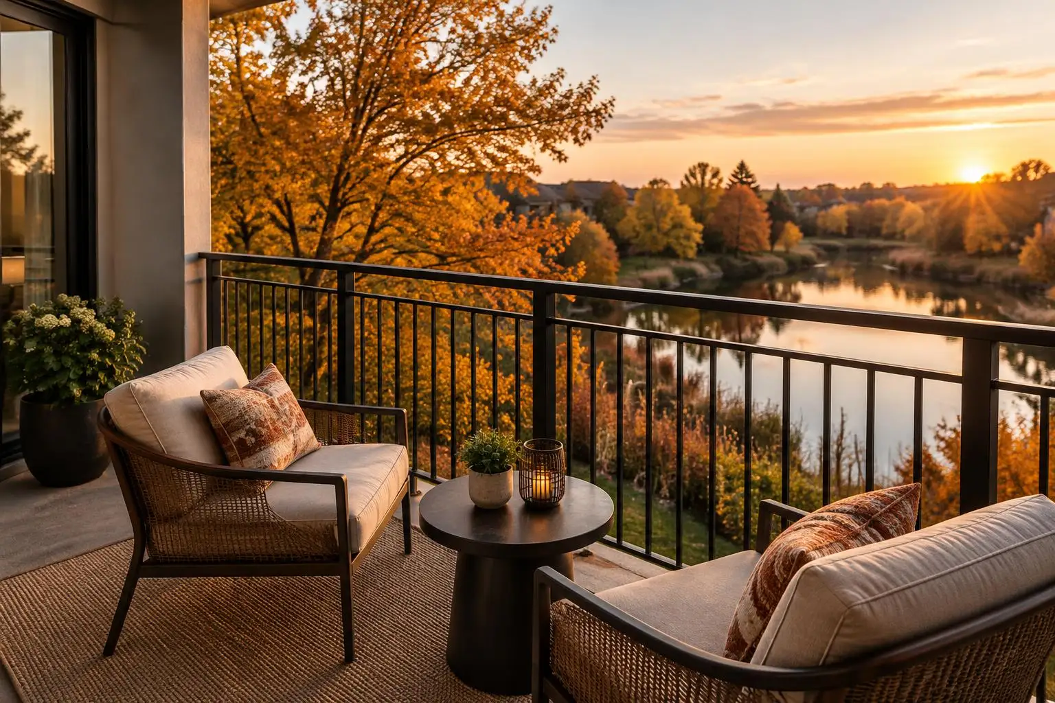 Condo balcony with two chairs overlooking trees and a pond in Palatine, IL
