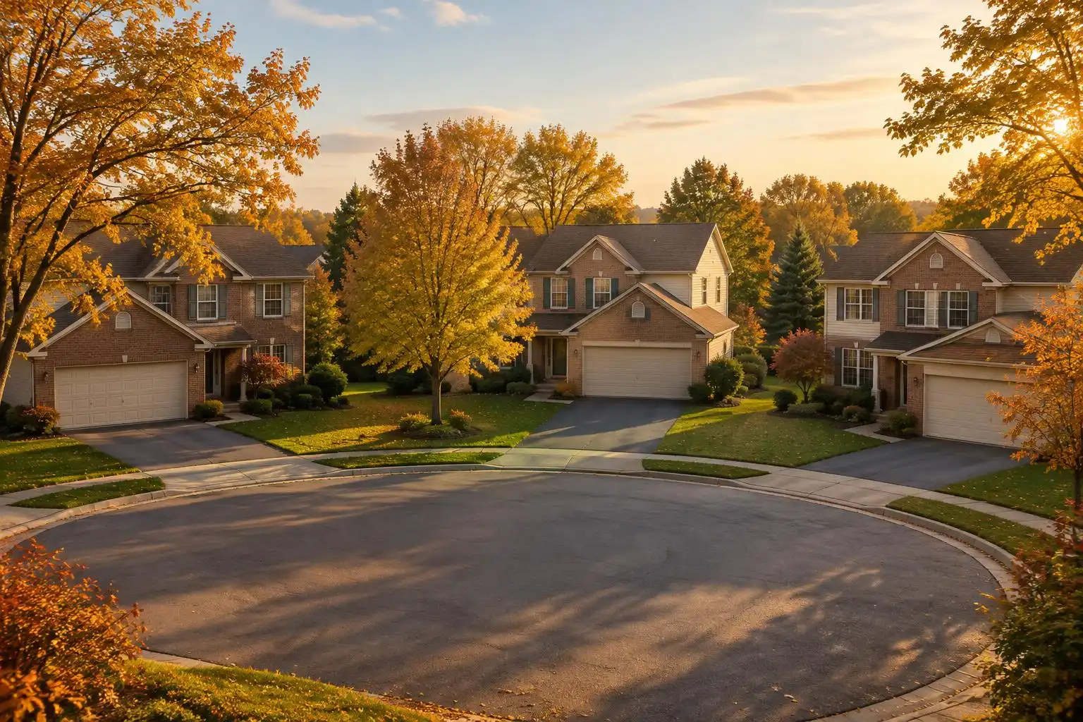Cul-de-sac of two-story brick and siding homes in Palatine, IL