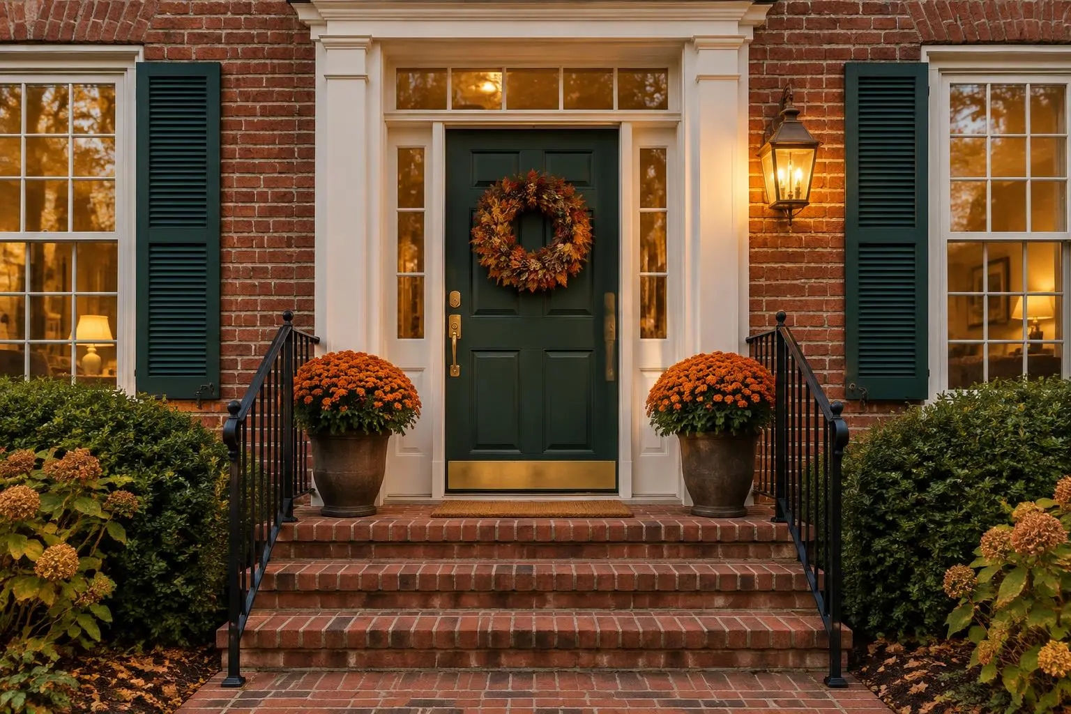 Front entry of a two-story colonial home in fall in Palatine, IL