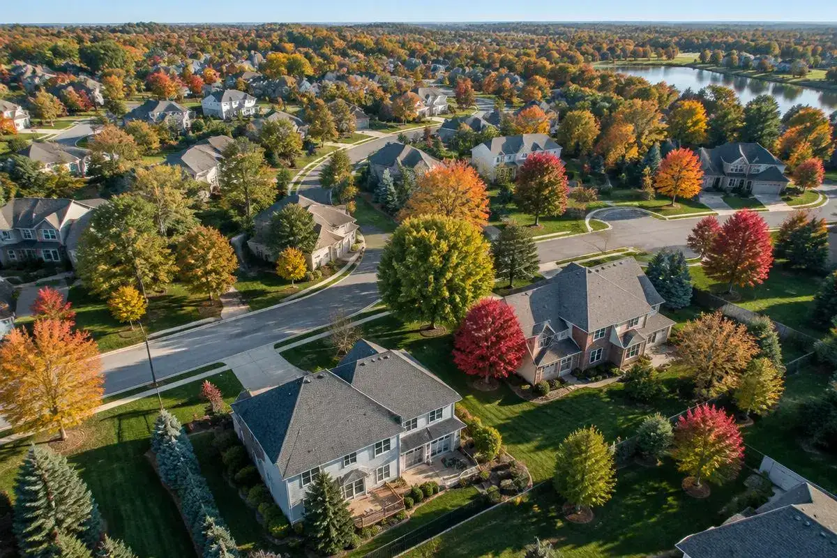 Rooftops and trees of a Palatine, IL subdivision in fall