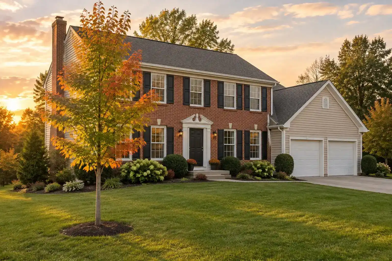 Two-story colonial with brick, beige siding and a two-car garage in Palatine, IL