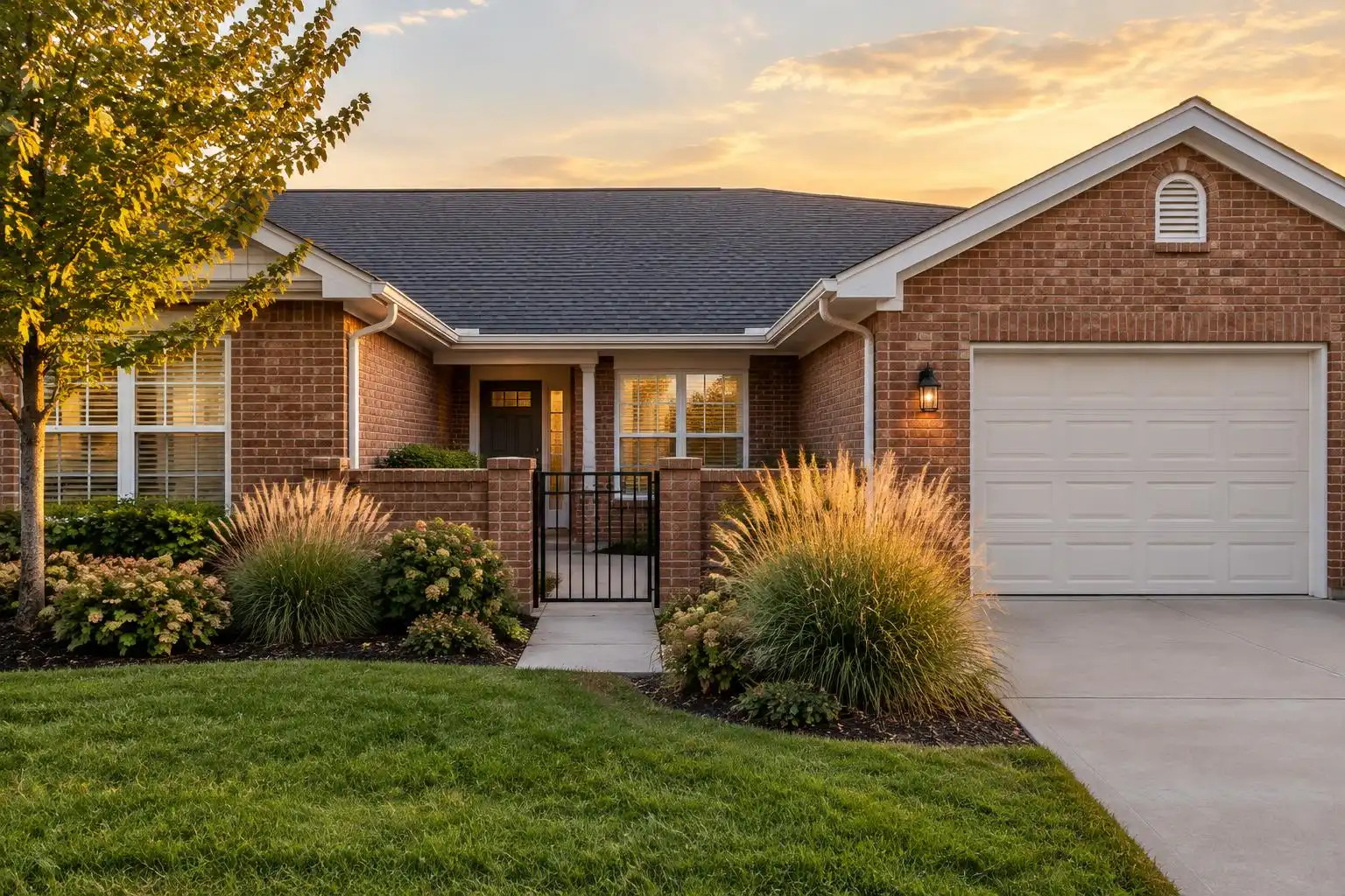 Single-story brick ranch townhome with a front courtyard in Palatine, IL