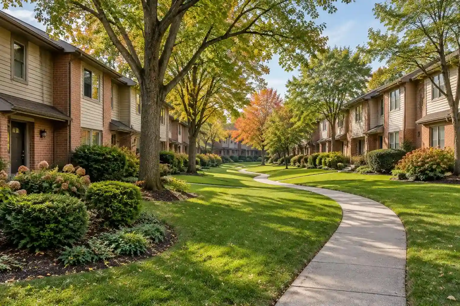 Landscaped common lawn and path between brick townhomes in Palatine, IL