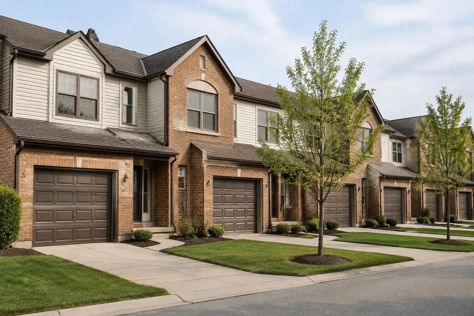 Row of two-story brick and siding townhomes with attached garages in Palatine, IL