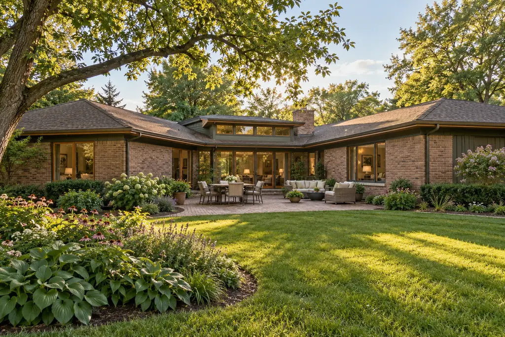 Plum Grove Estates Palatine, IL home: brick ranch with a back patio, lawn and garden beds at sunset