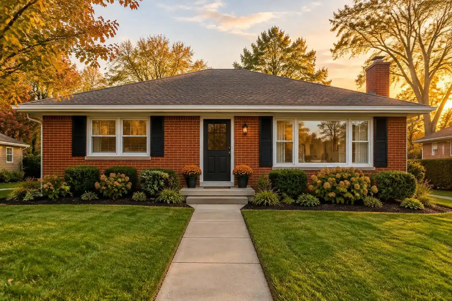 Brick ranch home with a tidy front walk and fall mums in Palatine, IL