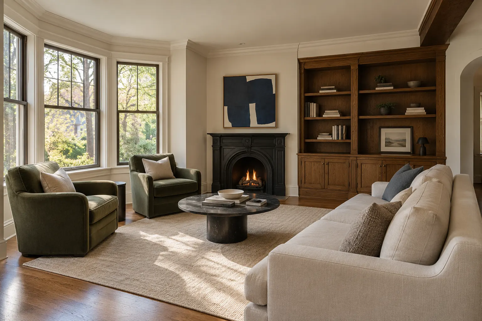 Living room with a fireplace and built-in shelves in a Palatine, IL home