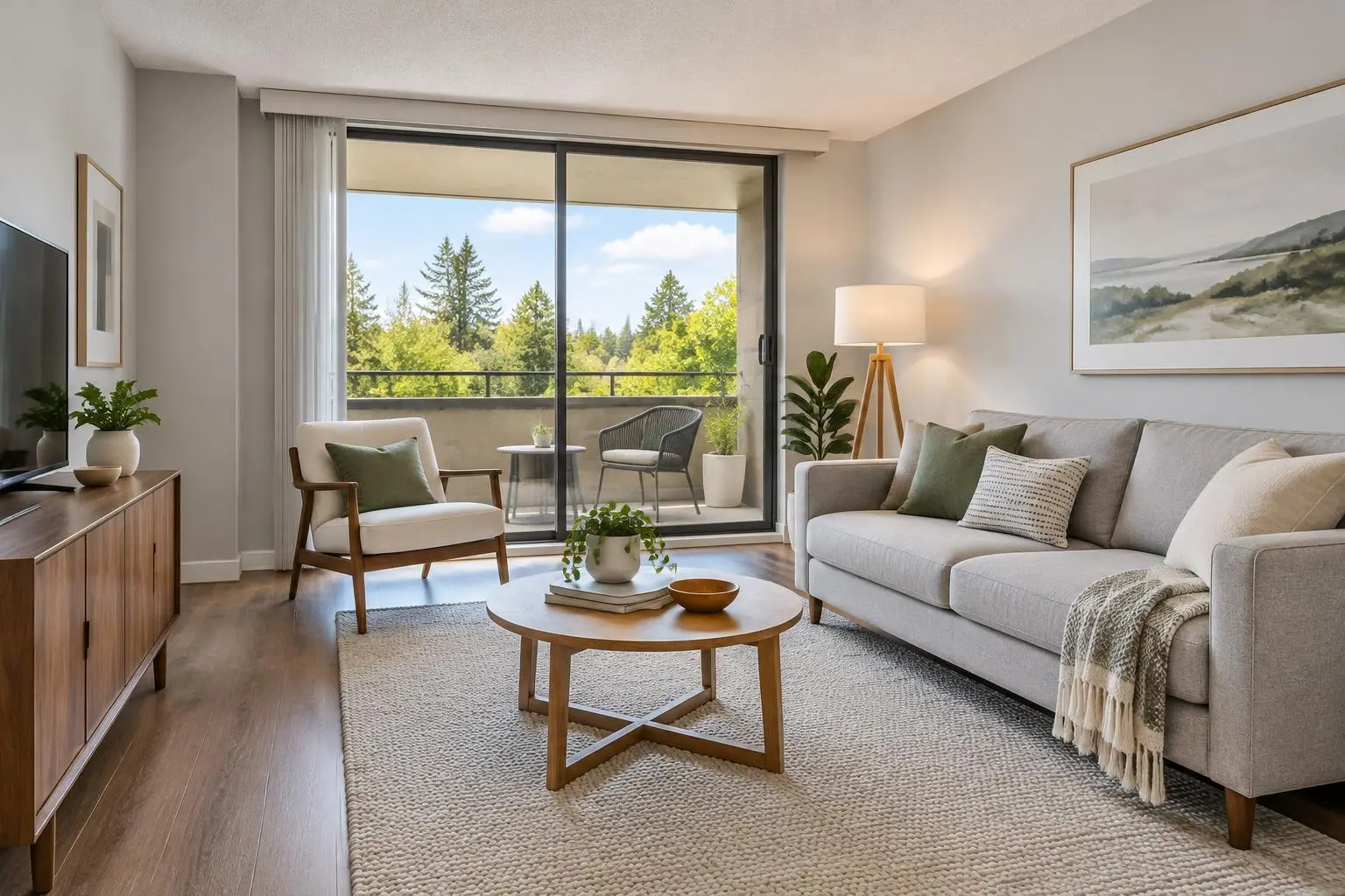 Updated living room with a balcony door in a Windhaven condo in Palatine, IL